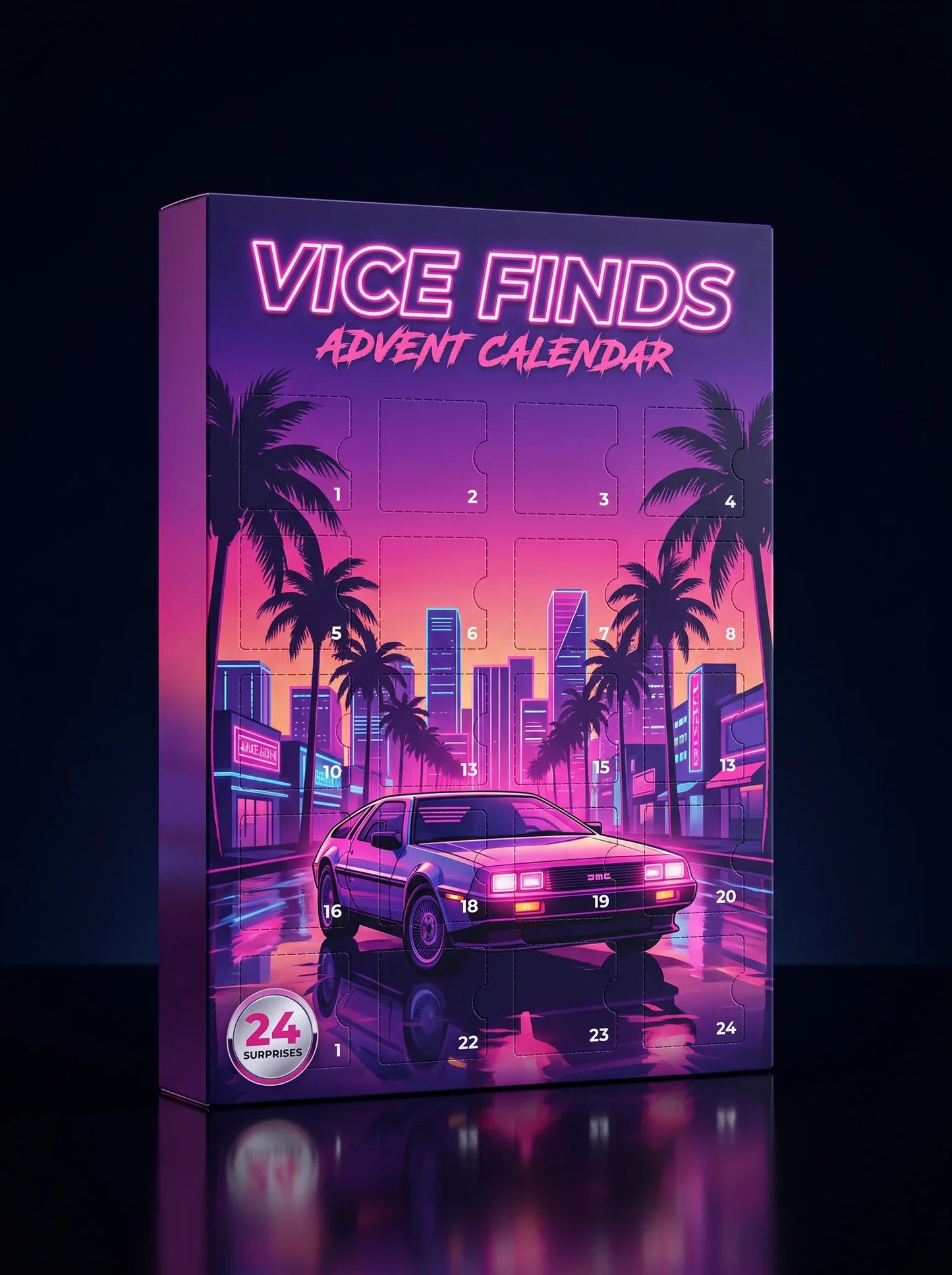Vice Finds advent calendar box, 24 numbered doors, neon Miami artwork