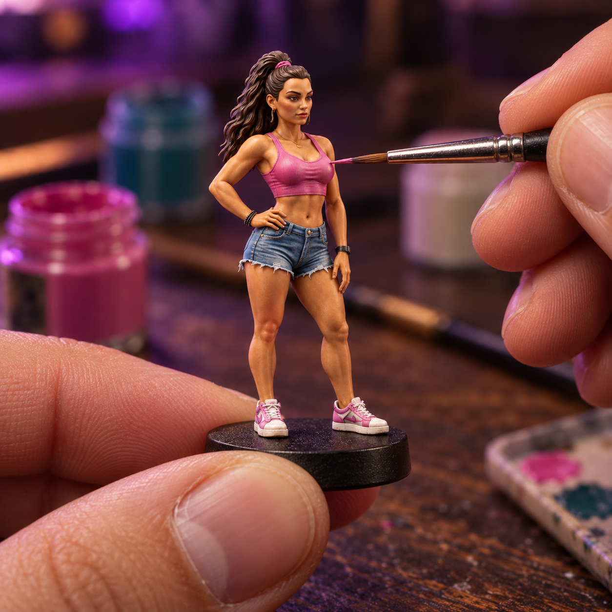 Illustrative close-up of a Vice Finds miniature being painted by hand