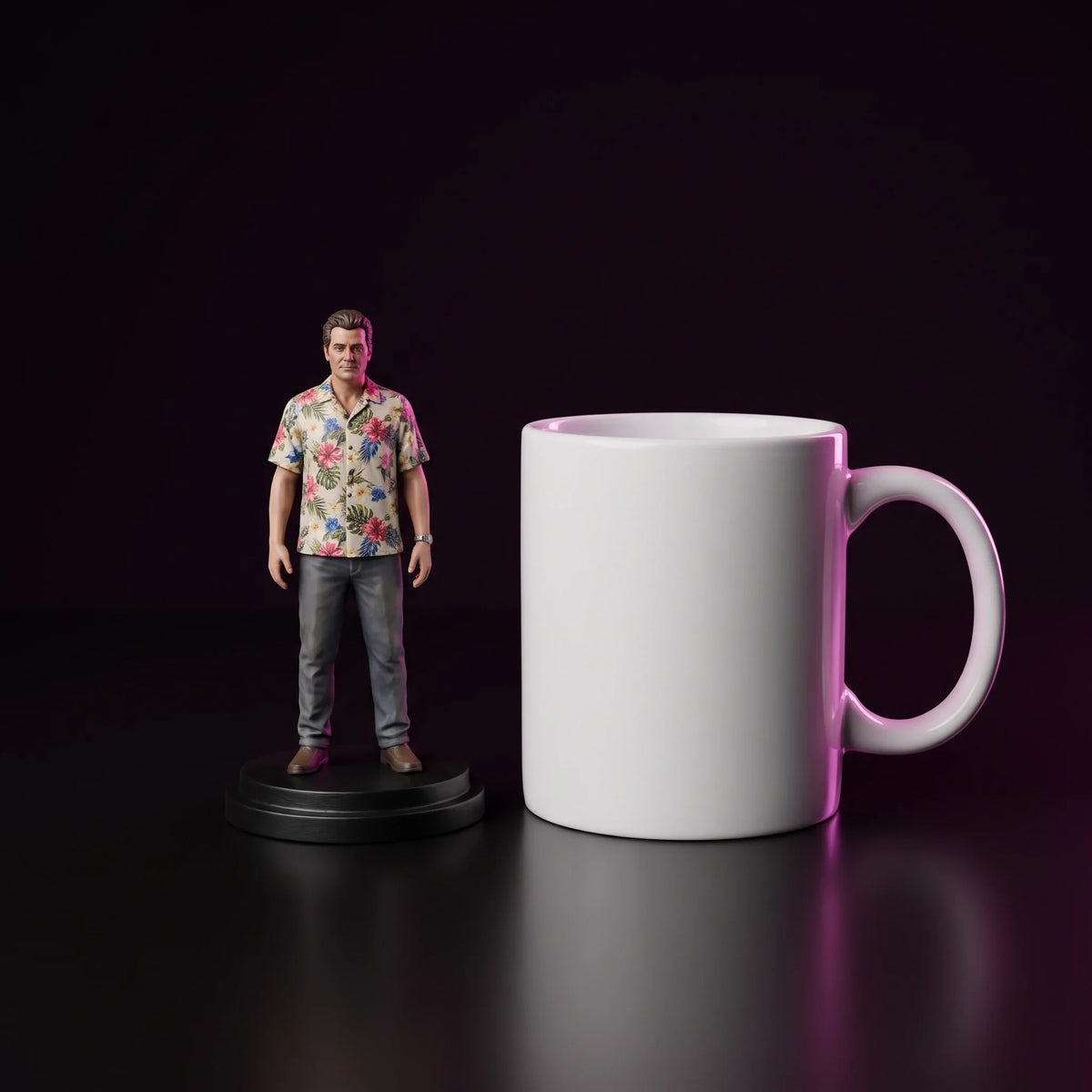 Figurine next to a coffee mug showing its size