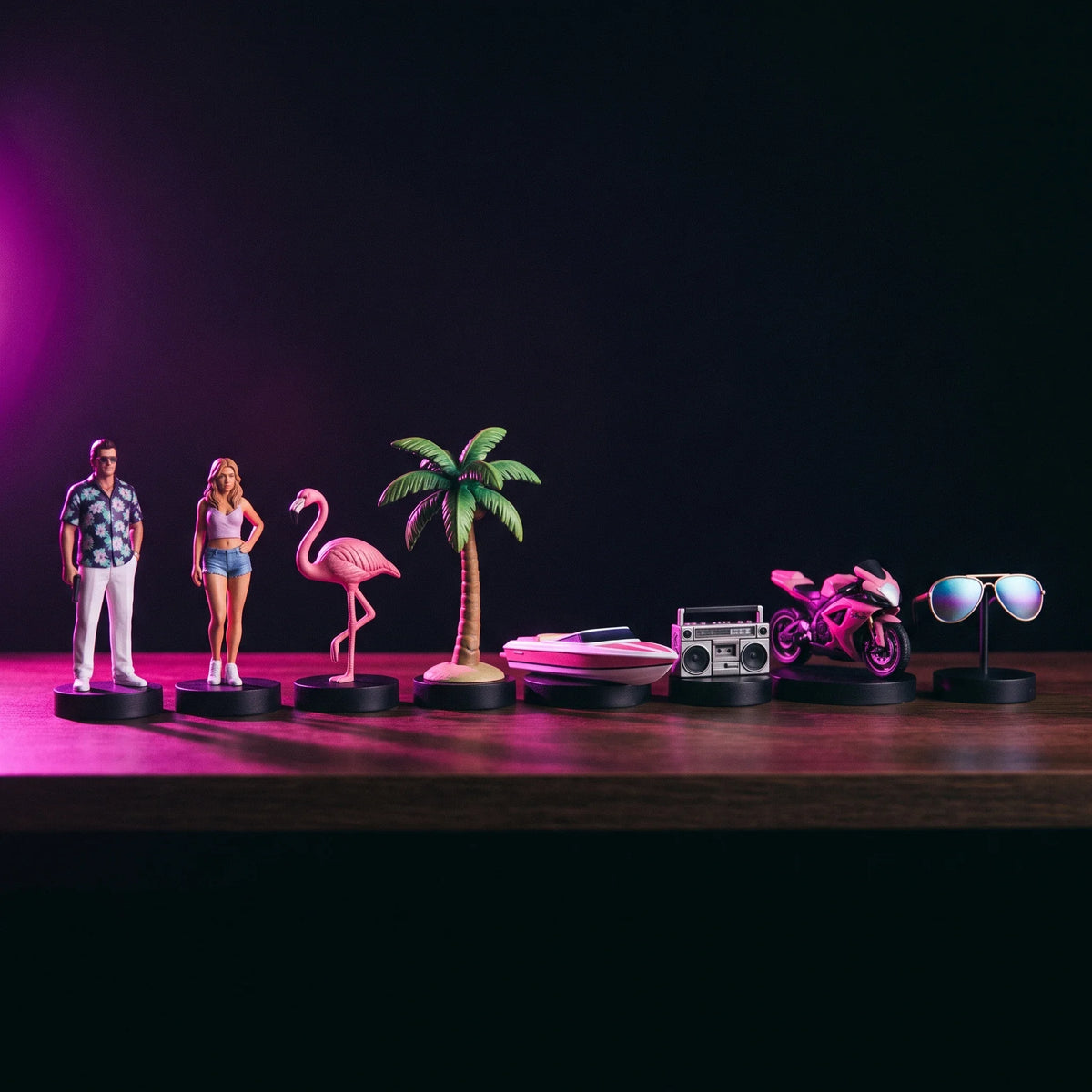 Eight collectible figurines lined up on a shelf under neon light