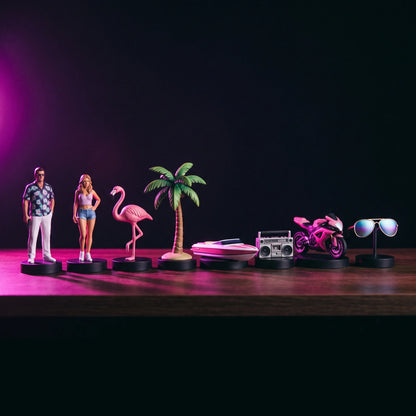 Eight collectible figurines lined up on a shelf under neon light