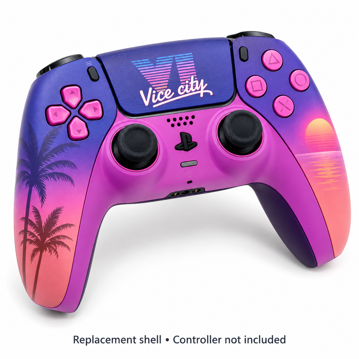 Vice Cover replacement shell shown installed on a PS5 controller, with purple and pink sunset graphics. Controller not included.