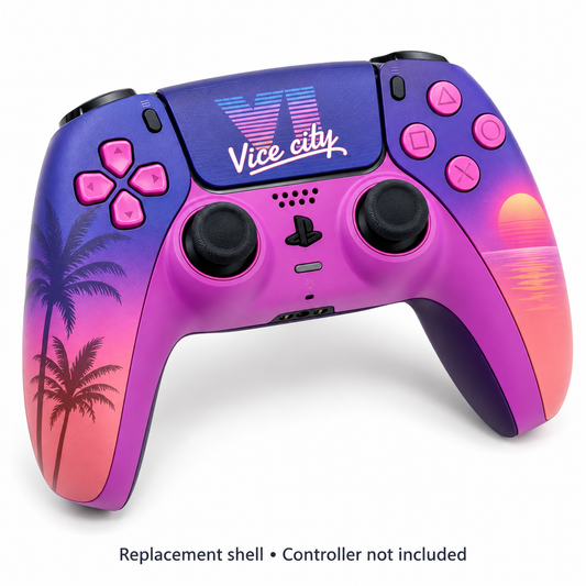 Vice Cover replacement shell shown installed on a PS5 controller, with purple and pink sunset graphics. Controller not included.