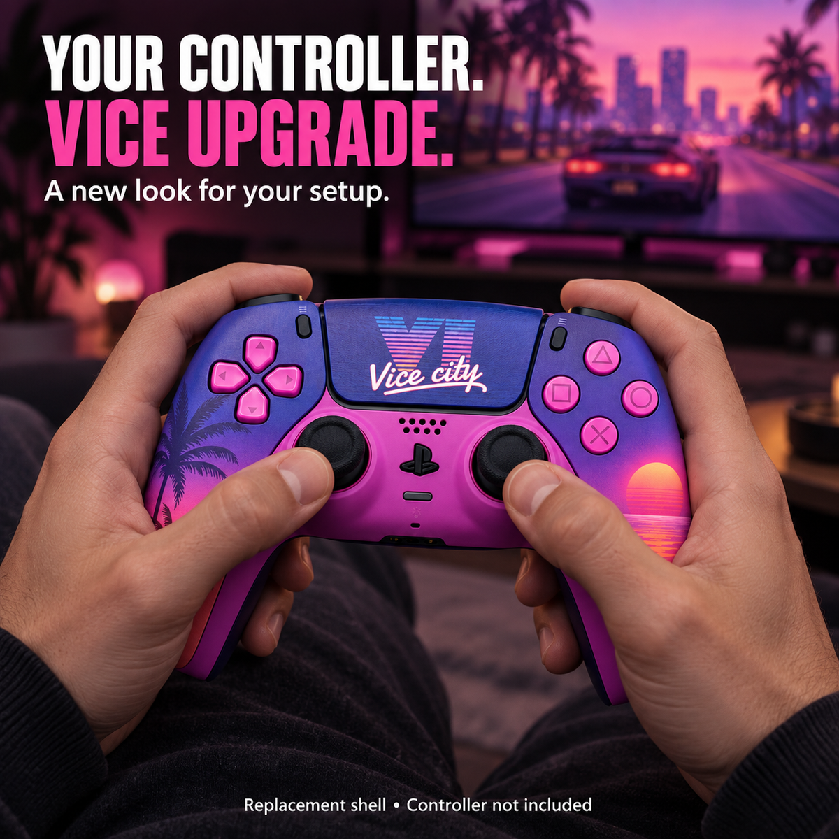 A PS5 controller fitted with the Vice Cover shell, held naturally in a gaming setup. Controller not included.