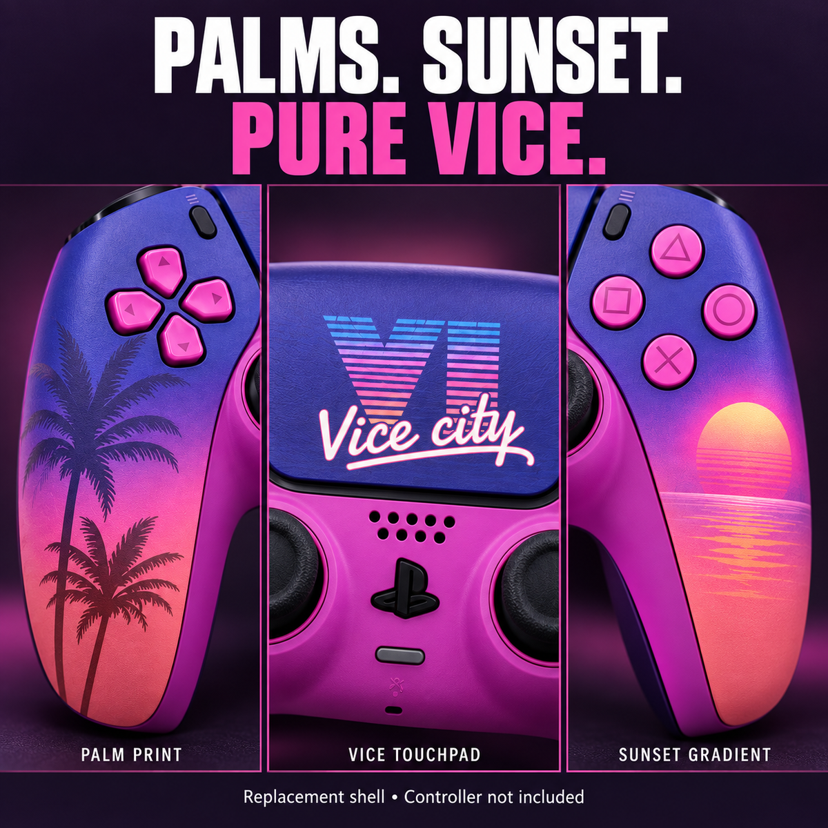 Close details of the Vice Cover palm print, Vice city touchpad graphic and sunset gradient. Controller not included.