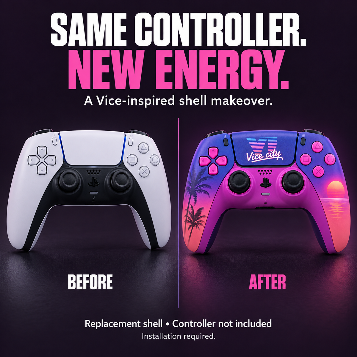 Before and after illustration of a PS5 controller fitted with the Vice Cover replacement shell. Installation required; controller not included.