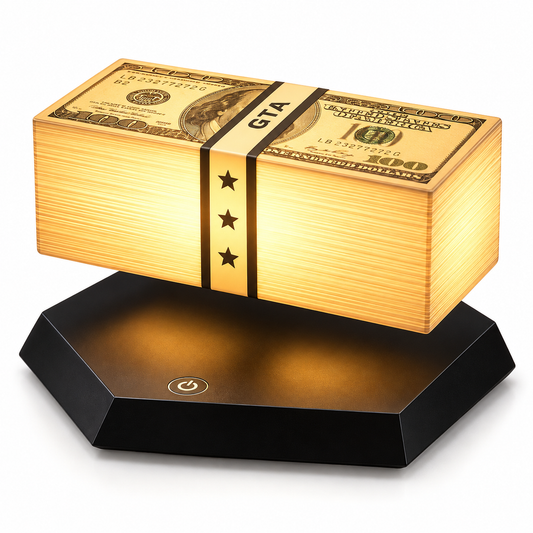 Vice Money illuminated banknote-stack lamp levitating above its black faceted base on a white background.