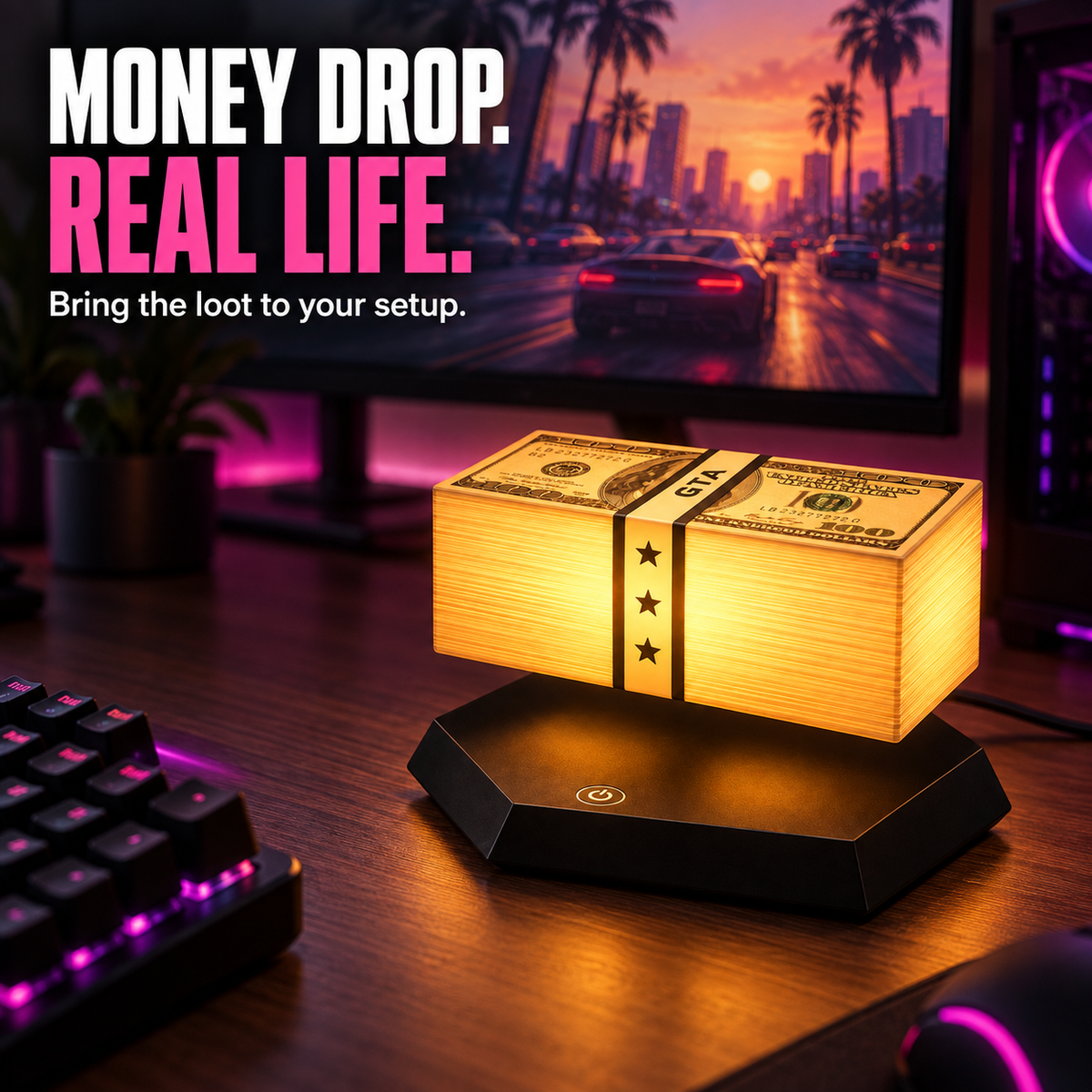 Vice Money warm amber levitating money lamp on a gaming desk with a Miami sunset scene in the background.