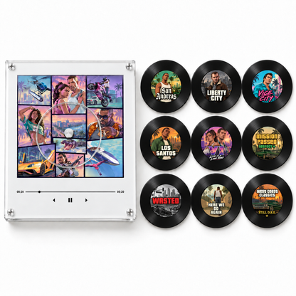 Vice Radio custom white acrylic fridge player with nine illustrated interchangeable mini discs on a white background.