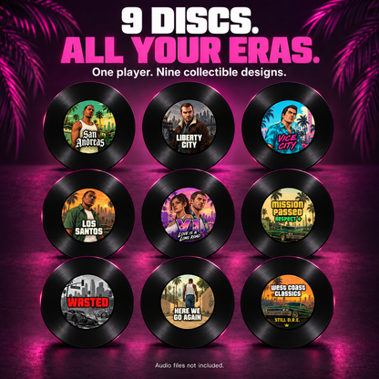 The nine Vice Radio collectible disc designs, each with its illustrated circular label, on a pink and dark purple background.